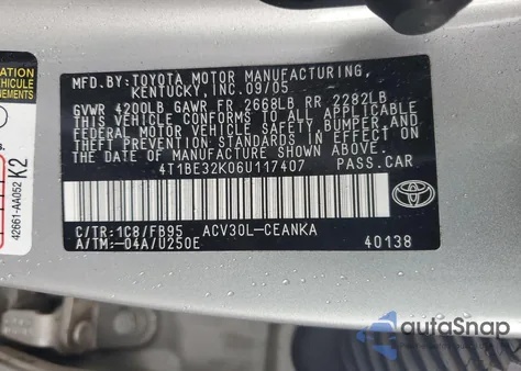 2006 Toyota Camry Le z USA, uszkodzony, nr VIN 4T1BE32K06U117407